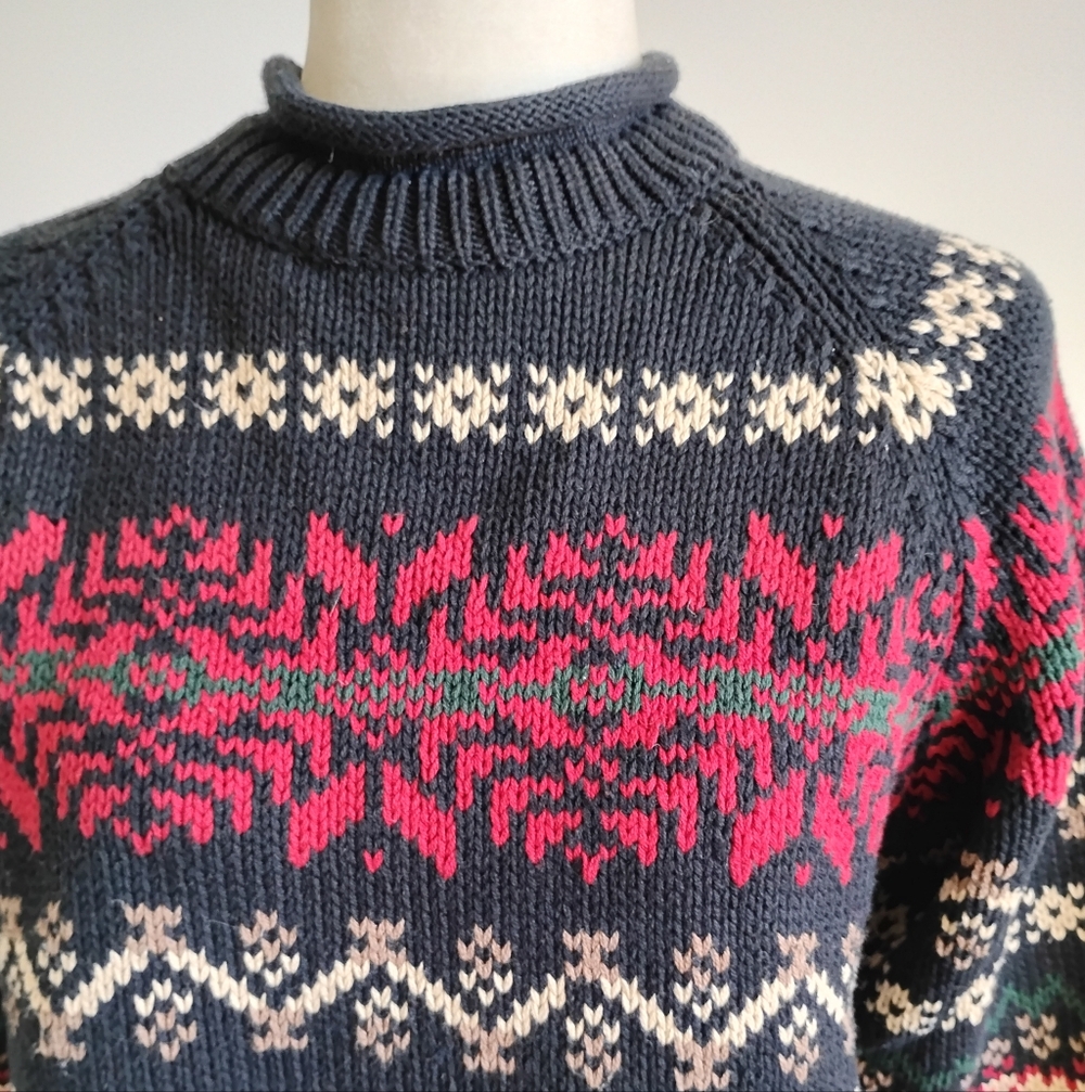 Eddie Bauer Cotton Fair Isle Knit Roll Neck Sweater Black Red Classic Size Small